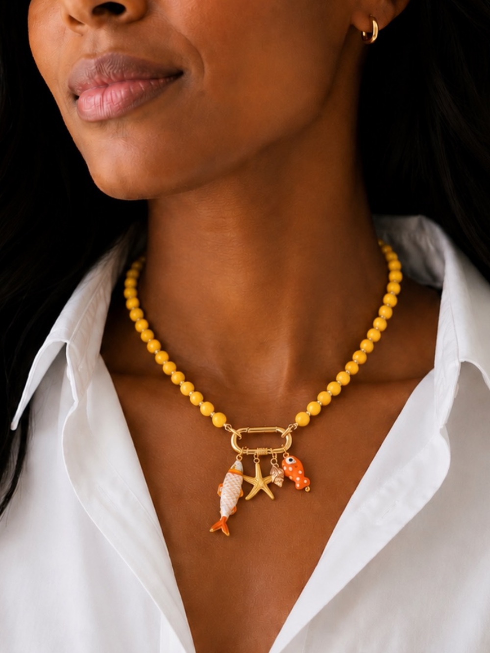 New! Coastal Colorful Yellow Beaded Fish Carabiner Necklace NWOT 5053